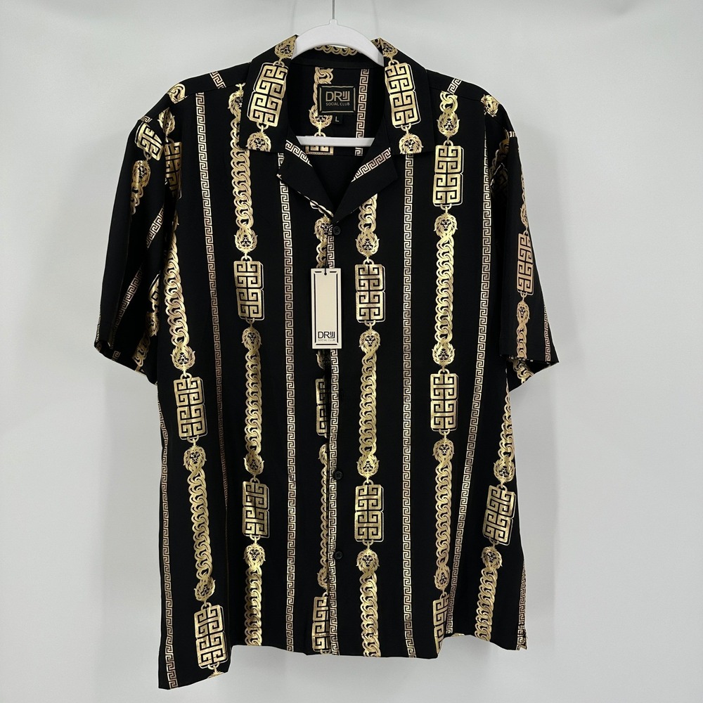 DRLL Social Club Men Lion Chain Print Shirt Sz L Black Gold Statement Streetwear